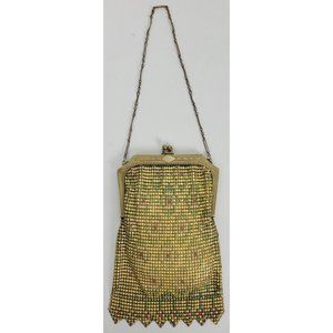Vintage Art Deco Whiting & Davis Mesh Purse Gold Green Enamel Diamonds